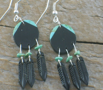 Native American War Shield Dangles Earrings Jet 